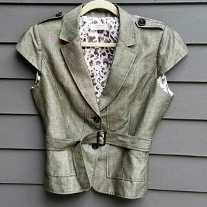 Tahari Gray Cap Sleeve Linen Blend Belted Jacket Size 12